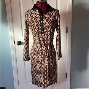Jude Connally Black and Tan Geometric Long-Sleeve Polo Dress